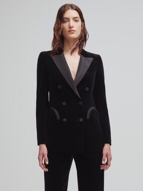 Black Velvet & Satin Trim Long Line Fitted Blazer